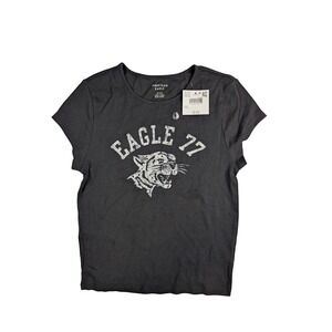 American Eagle Grey Ribbed Graphic Baby Tee Eagle 77 Tiger Short Sleeve Medium